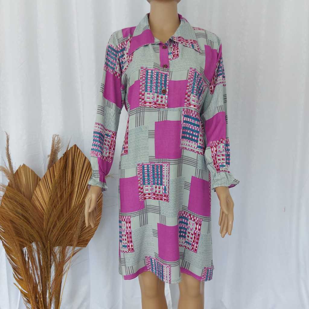 Tunik Rayon Baju Atasan Wanita Kancing Motif Kotak