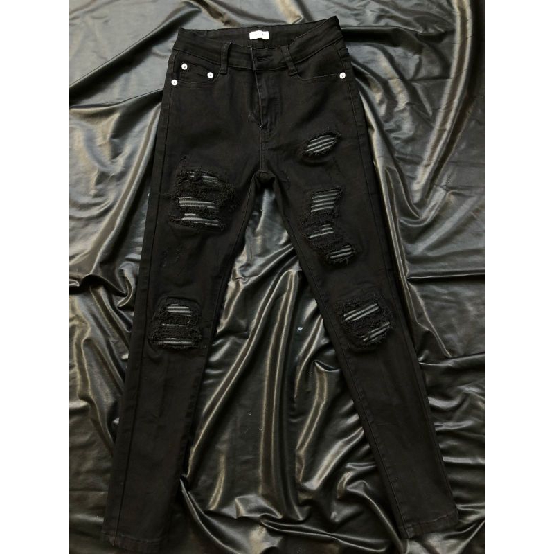 Celana Ripped jeans pria / celana jeans custom leather kulit hitam