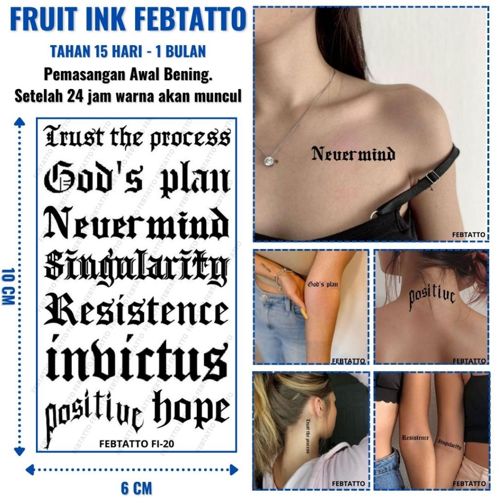 FRUIT INK Tato Tulisan Aesthetic Tahan 1 Bulan Ukuran 6cm x 10cm - FI 20 - Tato Lengan Tato Dada Tat