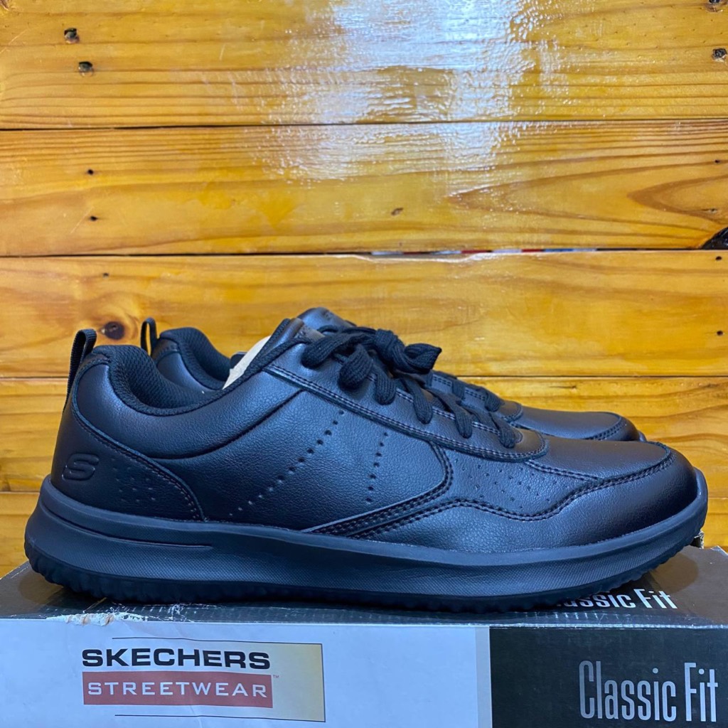 ONLY SIZE 46 SEPATU SKECHERS PRIA SKECHERS DELSON PASCO 210835 FULLBLACK LEATHER TALI CASUAL MAN SEK