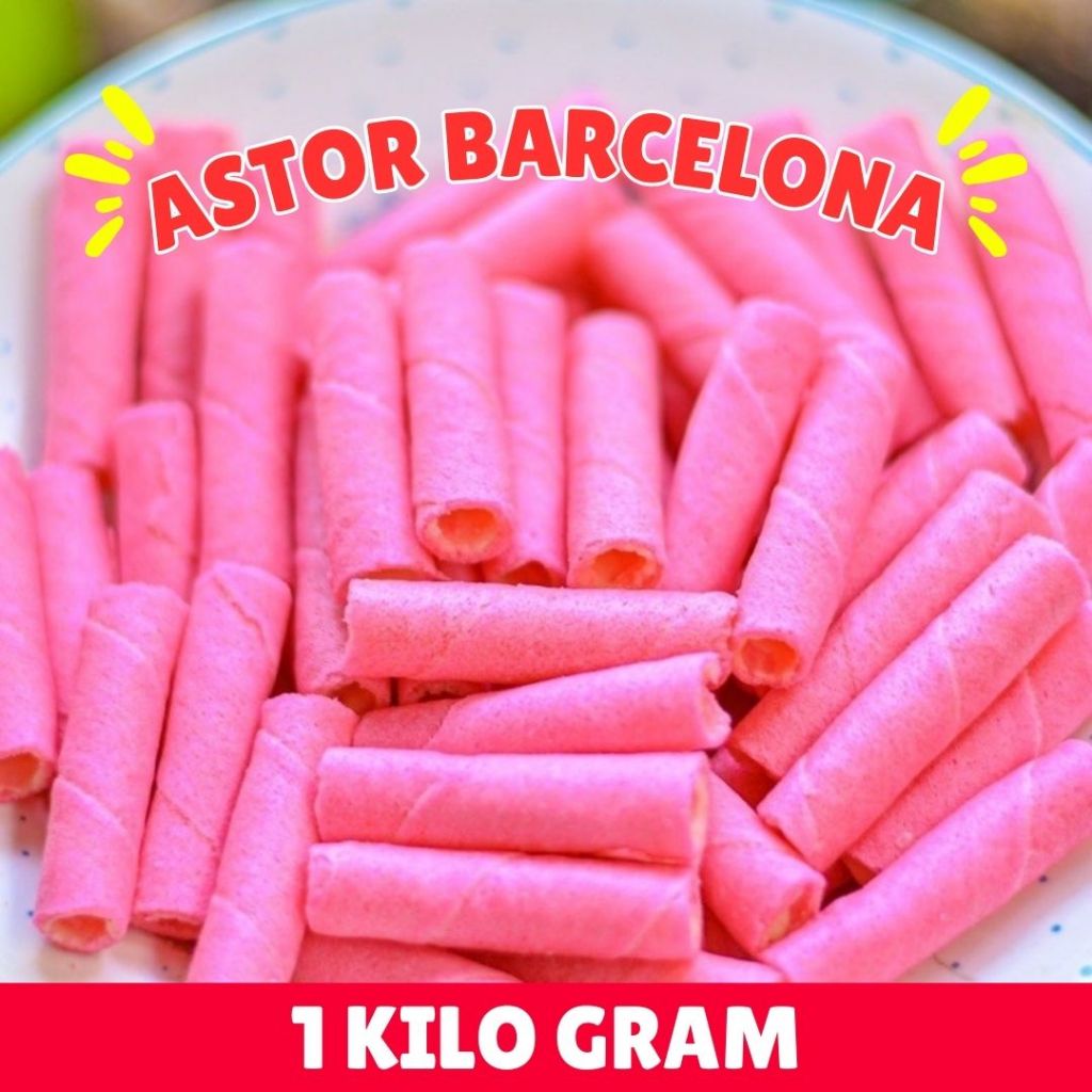 

Astor Mini 1KG Murah Enak Renyah Astor Barcelona Wafer Rolls Kiloan Warna Pink Rasa Strawberry