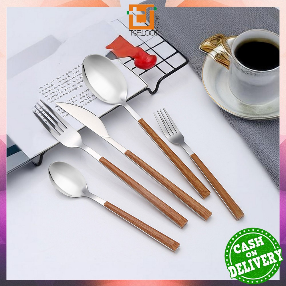 OFM-C1166 Sendok Garpu Stainless Steel Korea Handle Kayu / Alat Makan Sendok Garpu Gagang Kayu Wood 