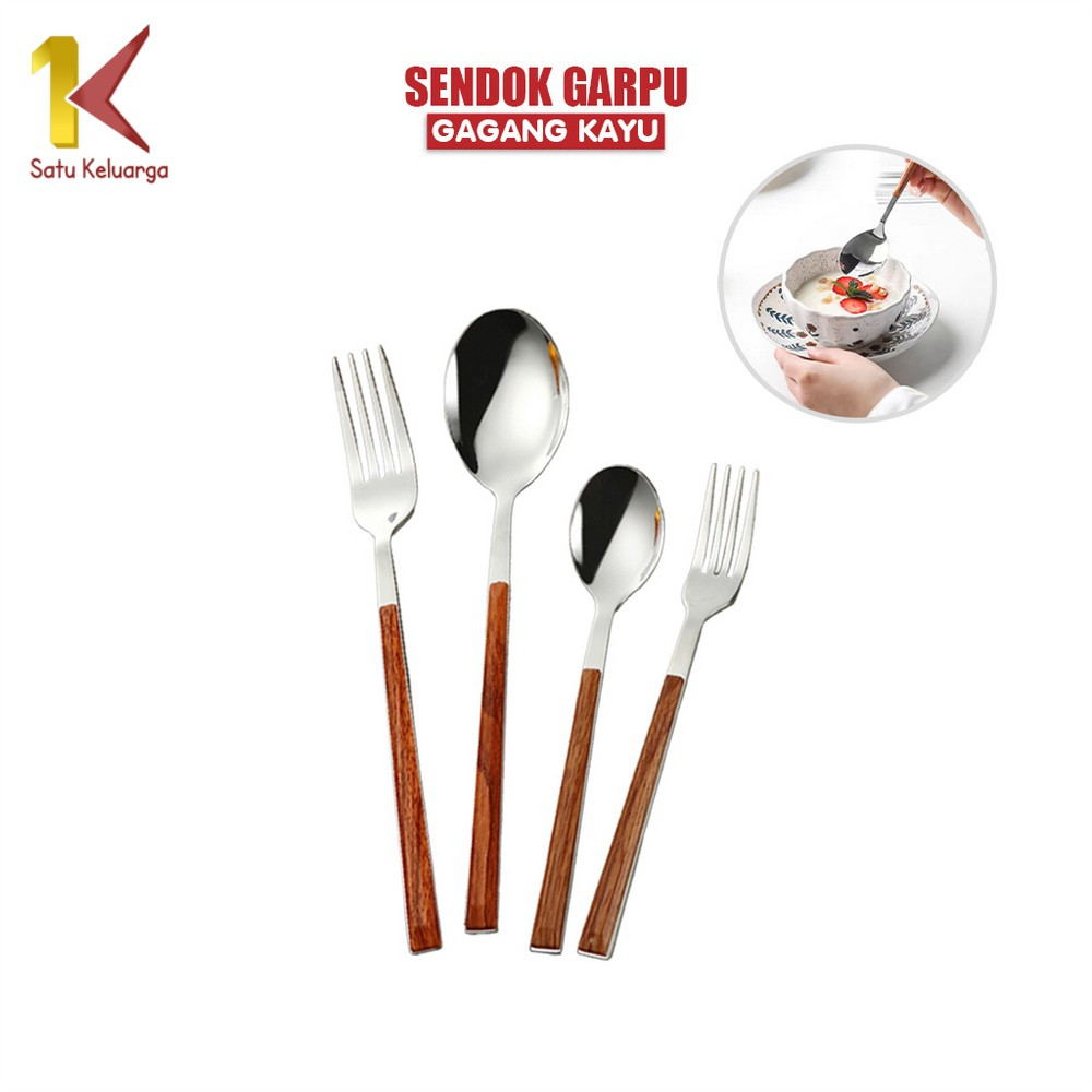 Satu Keluarga Sendok Garpu Stainless Steel Korea Handle Kayu C1166 Alat Makan Wood Grain Spoon Fork