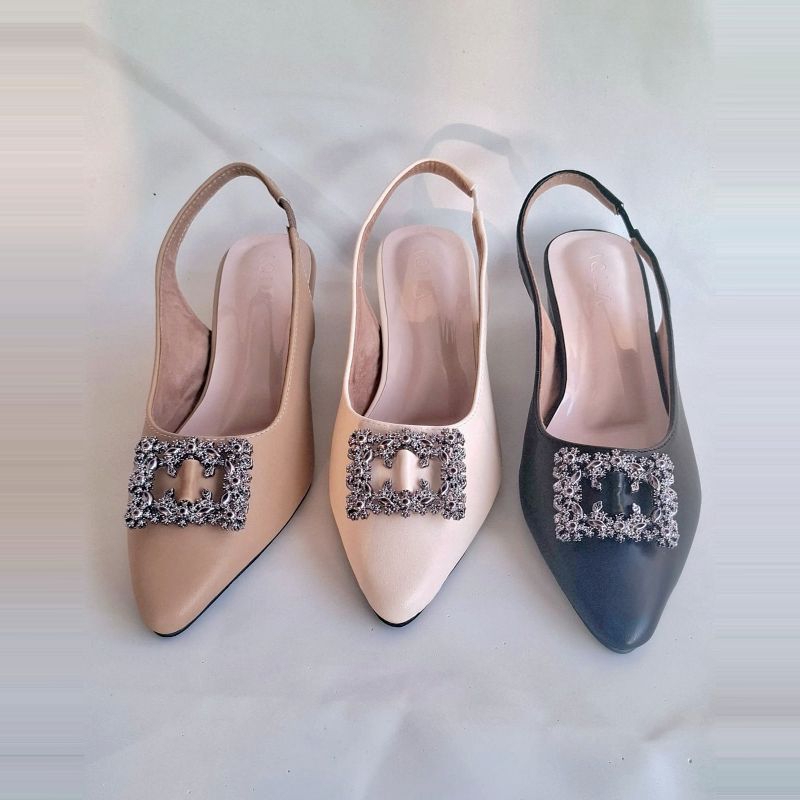 SEPATU HEELS SANDAL WANITA UKURAN JUMBO TALI BELAKANG KARET FLATSHOES BIGSIZE UK JUMBO 37-45 HAK TAH