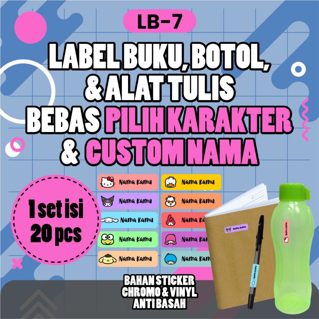 

LB7 Sticker Nama Label Sticker Anak Tema Karakter Stiker buku Isi 20pcs Gratis Custom Nama
