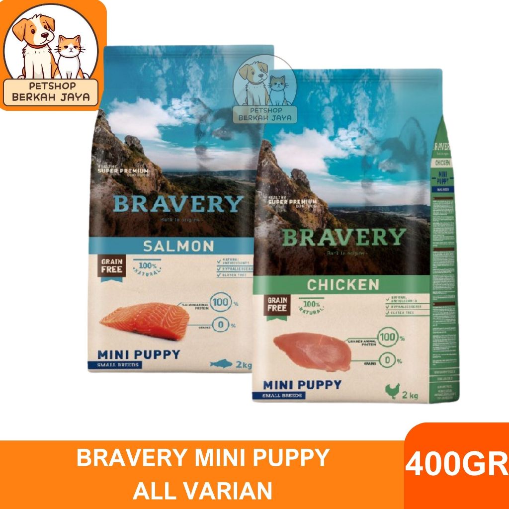 BRAVERY MINI PUPPY 400GR Small Breed - Makanan Anak Anjing Rasa Salmon Chicken Kering / Dry Dogfood 
