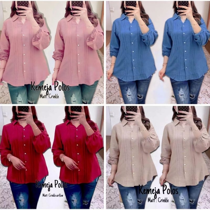 Kemeja Wanita Crinkle Polos Lengan Panjang Variasi Garis Dada