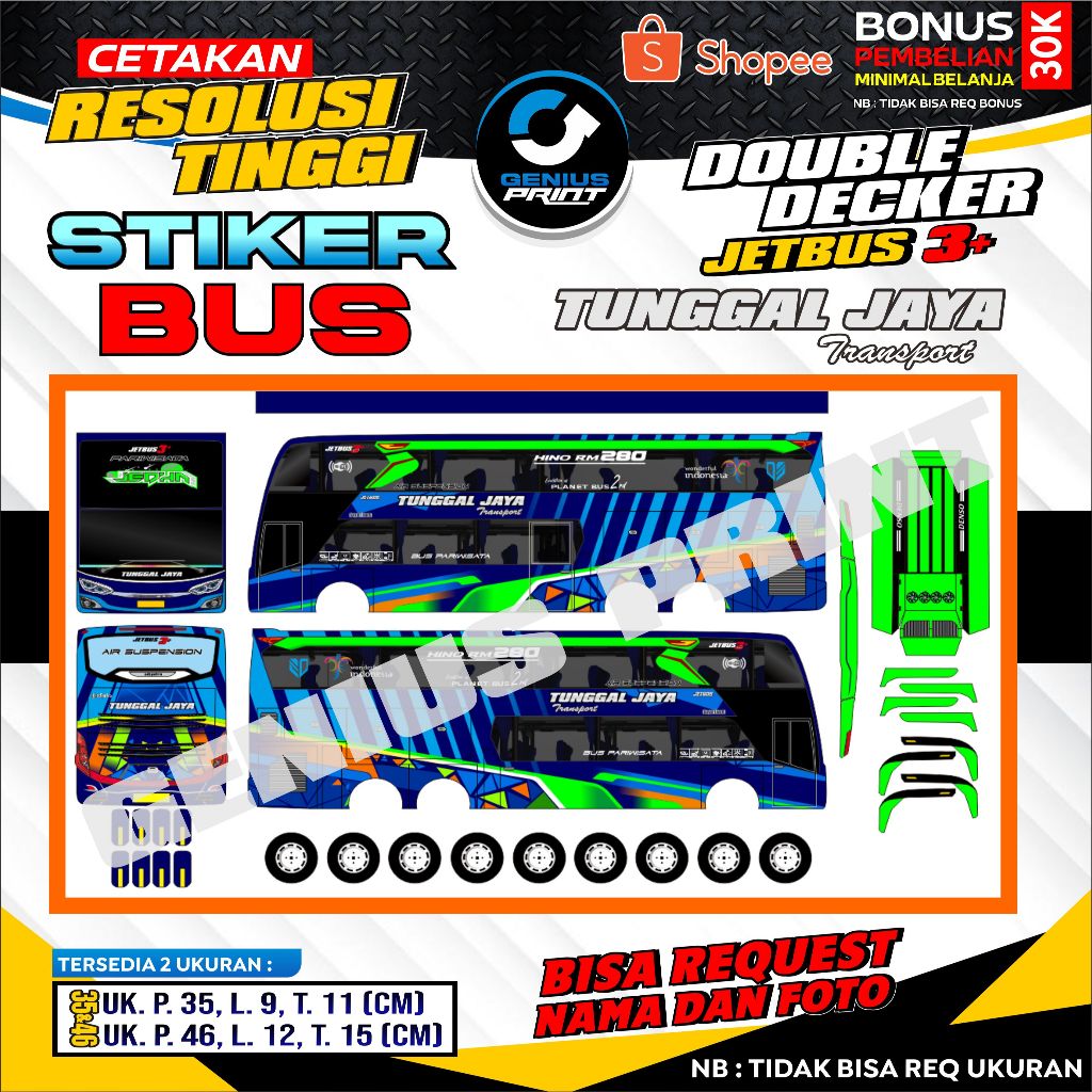 Stiker Mainan Miniatur Bus Double Decker Jetbus 3+ Tunggal Jaya Transport Uk. 35/46cm