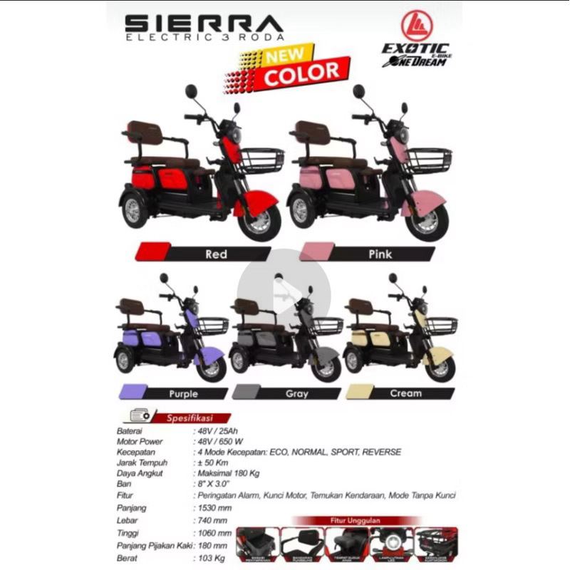 Sepeda listrik Tiga Roda sierra Exotic Garansi Resmi Exotic