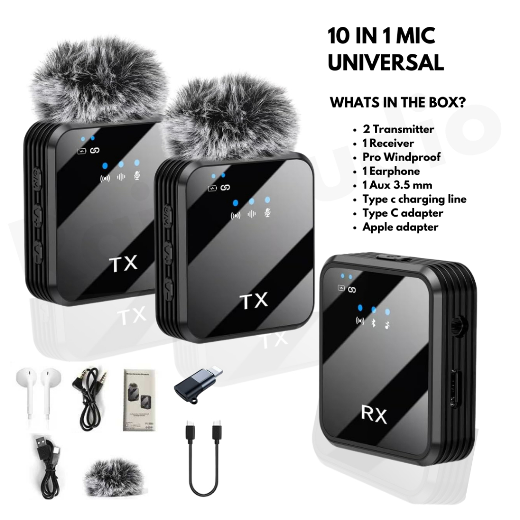 Microphone Wireless Live stream/Video Mic Clip Dual Lavalier Bluetooth & Charging Case Hp Kamera Vlo