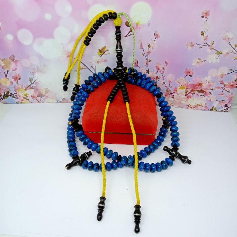 tasbih tijani batu Marjan biru kombinasi yuser black full benang rajut S58