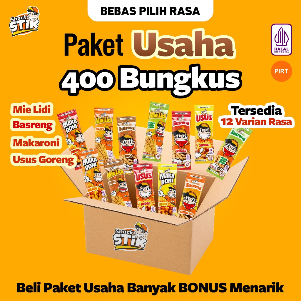 

Paket Usaha Dapat 400 Bungkus Ukuran 25gr Varian Basreng Mie Lidi Makaroni Bantet Usus Krispi