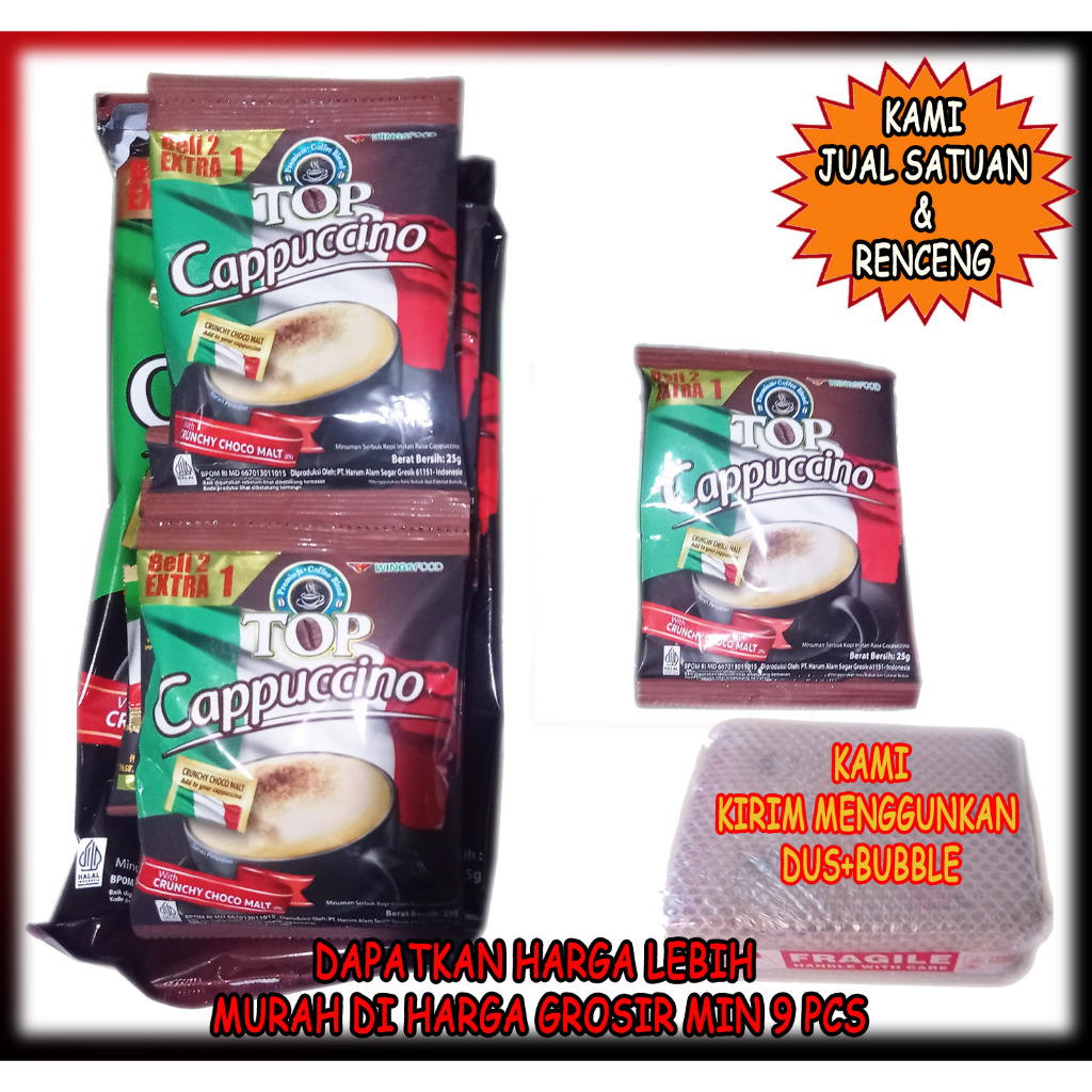 

Kopi Top Cappuccino With Crunchy Choco Malt dijual satuan dan renceng 25 gram