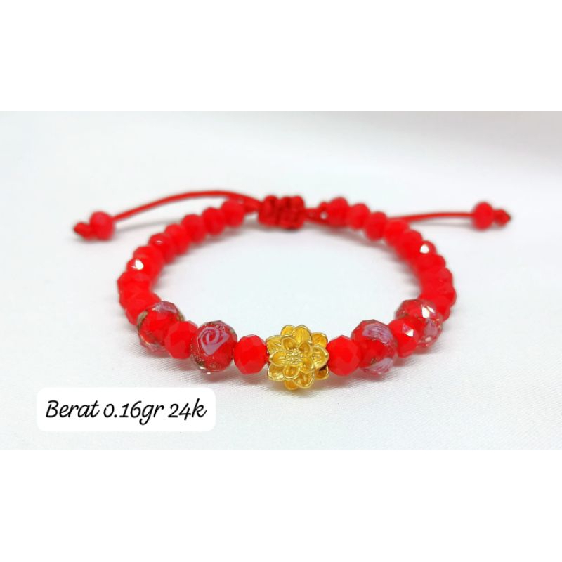 Gelang Emas Asli Teratai 24K Hongkong 999% Tali Batu