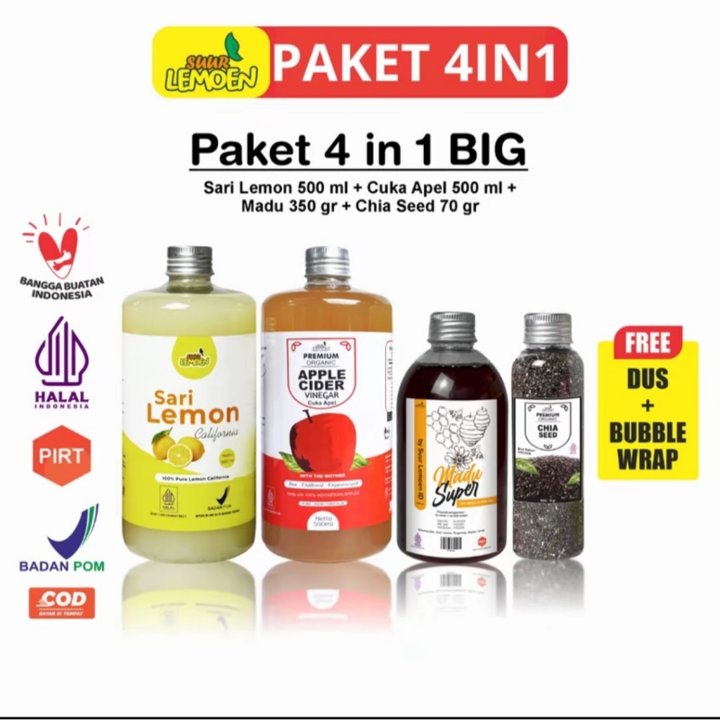 

Suur Lemoen Paket Super 4 in 1 Cuka Apel Sari Lemon Chia Seed Madu Super Garam Himalaya Salt