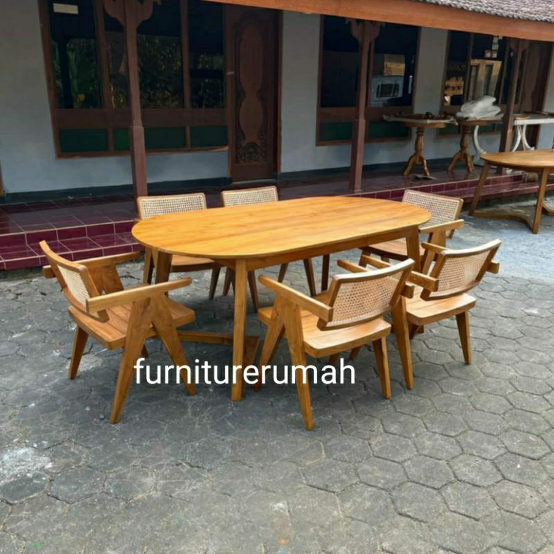 meja makan 6 kursi jati rotan minimalis, set meja makan kursi 6 rotan kayu jati minimalis