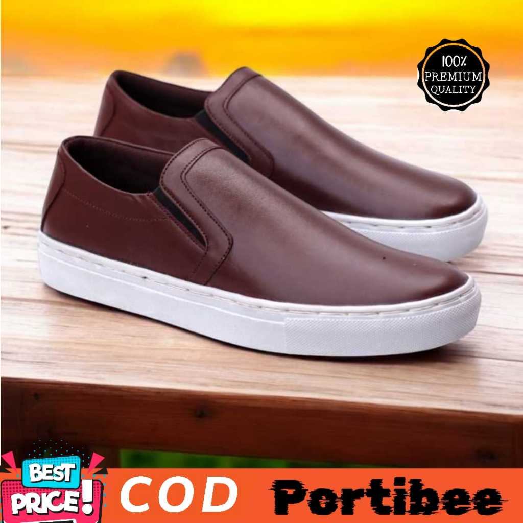 Sepatu Pantofel Slip On Kulit Asli Hitam Coklat Casual Pria