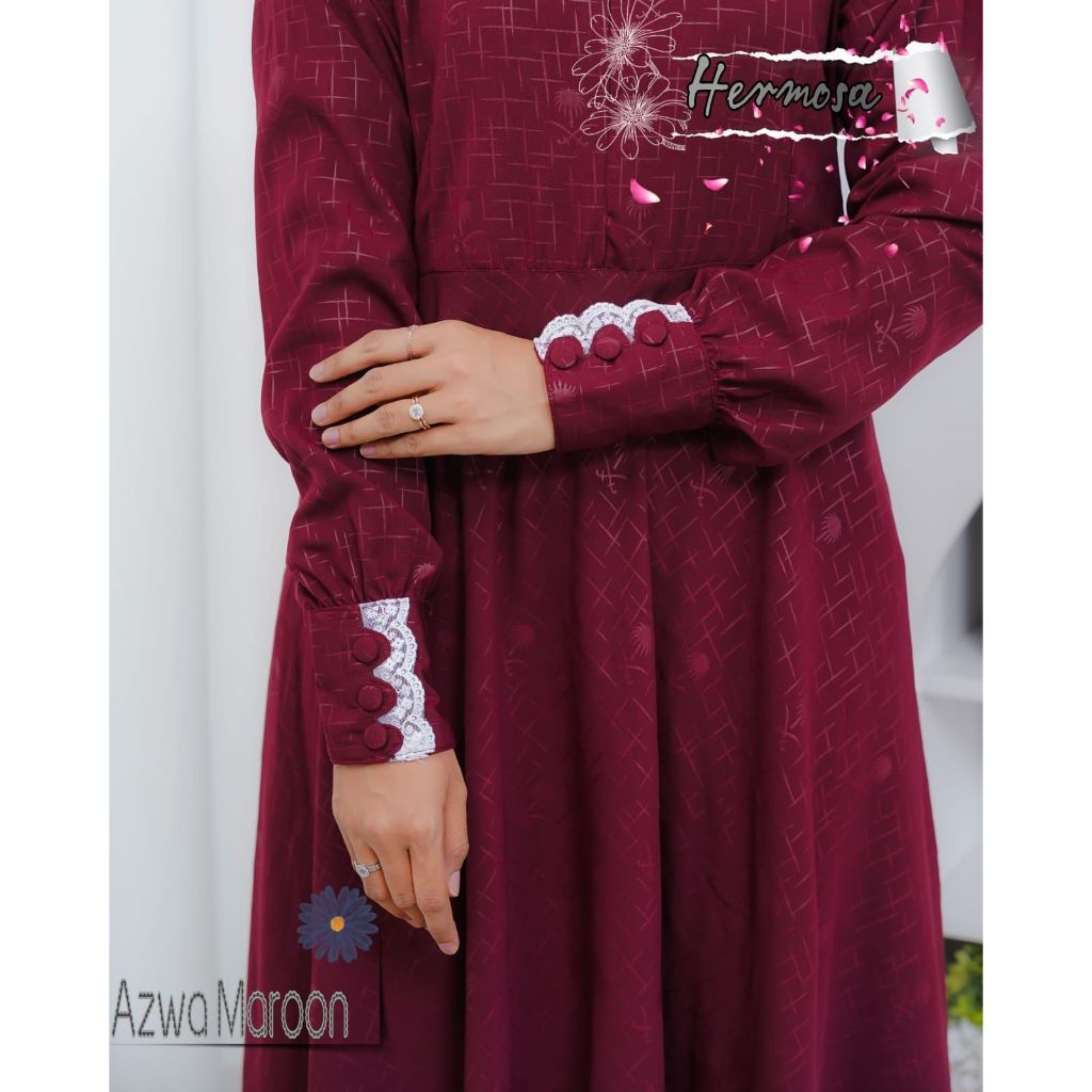 (Hermosa)Gamis hermosa wolfis embos motif azwa marun-gamis marun-gamis lebaran marun umbrella syari