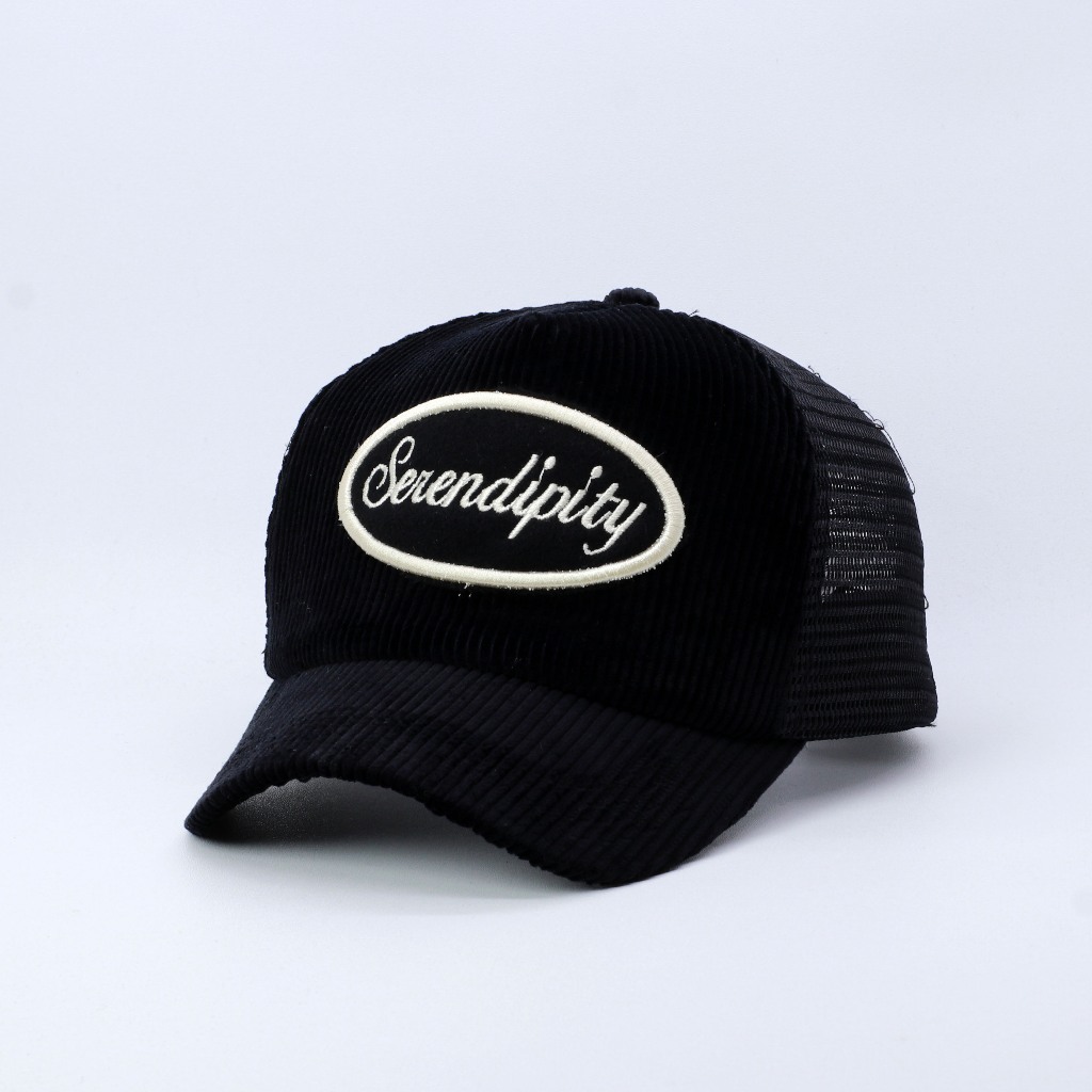 TOPI JARING TRUCKER HAT LIDAH PENDEK BAHAN CORDUROY HITAM VISOR PENDEK SERENDIFITY
