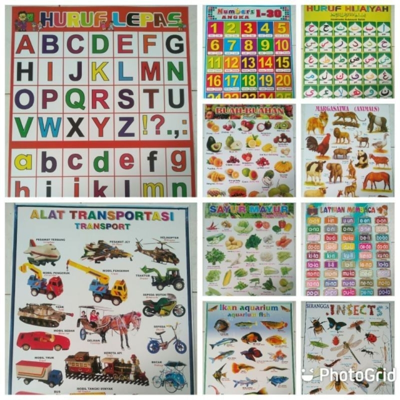 poster hewan angka abjad / gambar hewan angka abjad perkalian pertambahan pengurangan