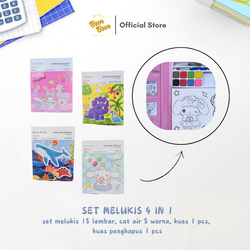 

SET 4 IN 1 / Paket Melukis 8 Warna Cat Air Lembar Lukis Anak Kuas Semarang Instan