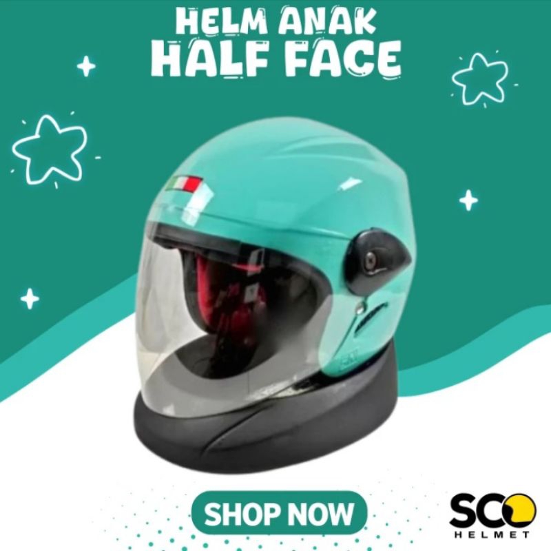 Helm Pilot Retro Italy Anak Anak Junior Helm Half Face Hijau Glossy