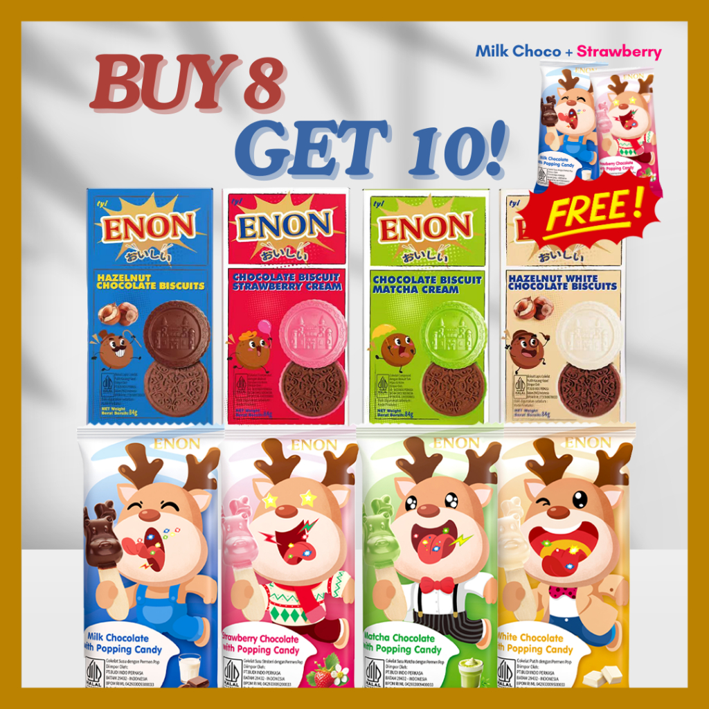 

ENON BUNDLE MIX 8 GET 2 POPPING CANDY! - 4 Chocolate Biscuits 84gr + 4 FREE 2 Popping Candy Matcha Strawberry White Chocolate Hazelnut Wafer biskuit