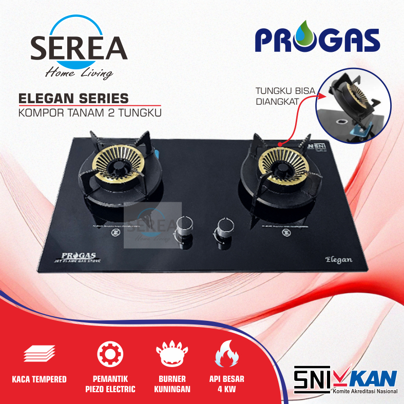 Kompor Gas Tanam Progas 2 Tungku Kaca Elegan Tungku Bisa Diangkat Api Besar SNI