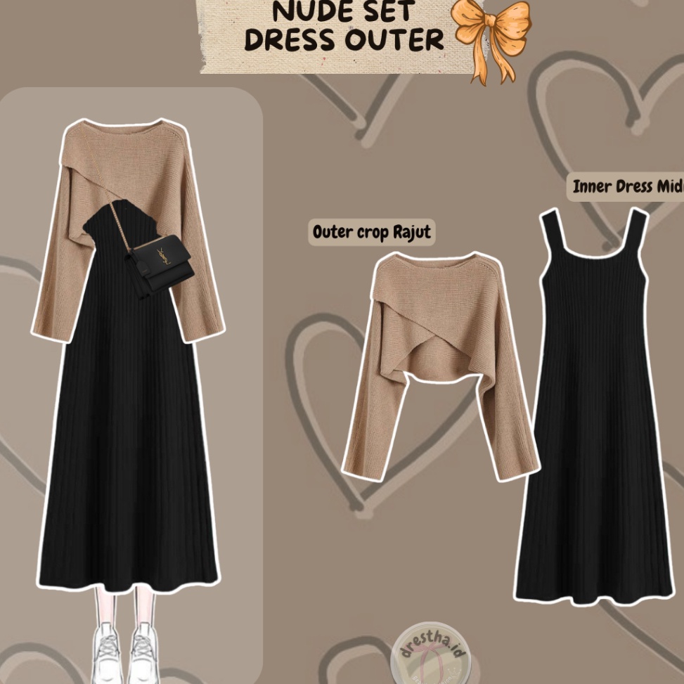 Baru Kejutan One Set Inner Dress Midi Rajut  Outer Crop Rajut  Vest Cardigan Knit 2in1 Gaya Korea Nu