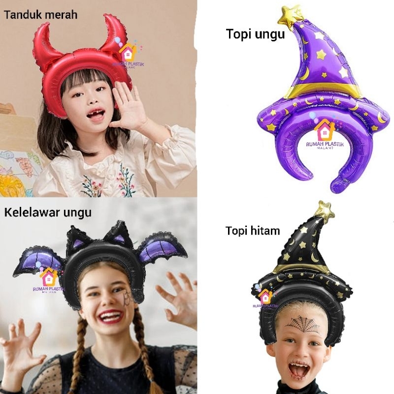 Balon foil bando halloween topi penyihir bat kelelawar telinga kuping aksesoris halowen haloween per