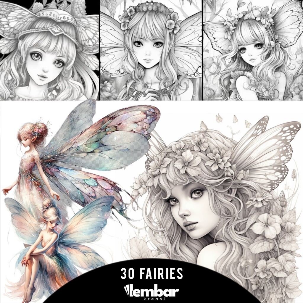 

30 Pages Buku Mewarnai Dewasa - Printable Adult Coloring Book - Digital Download - Fairies Coloring