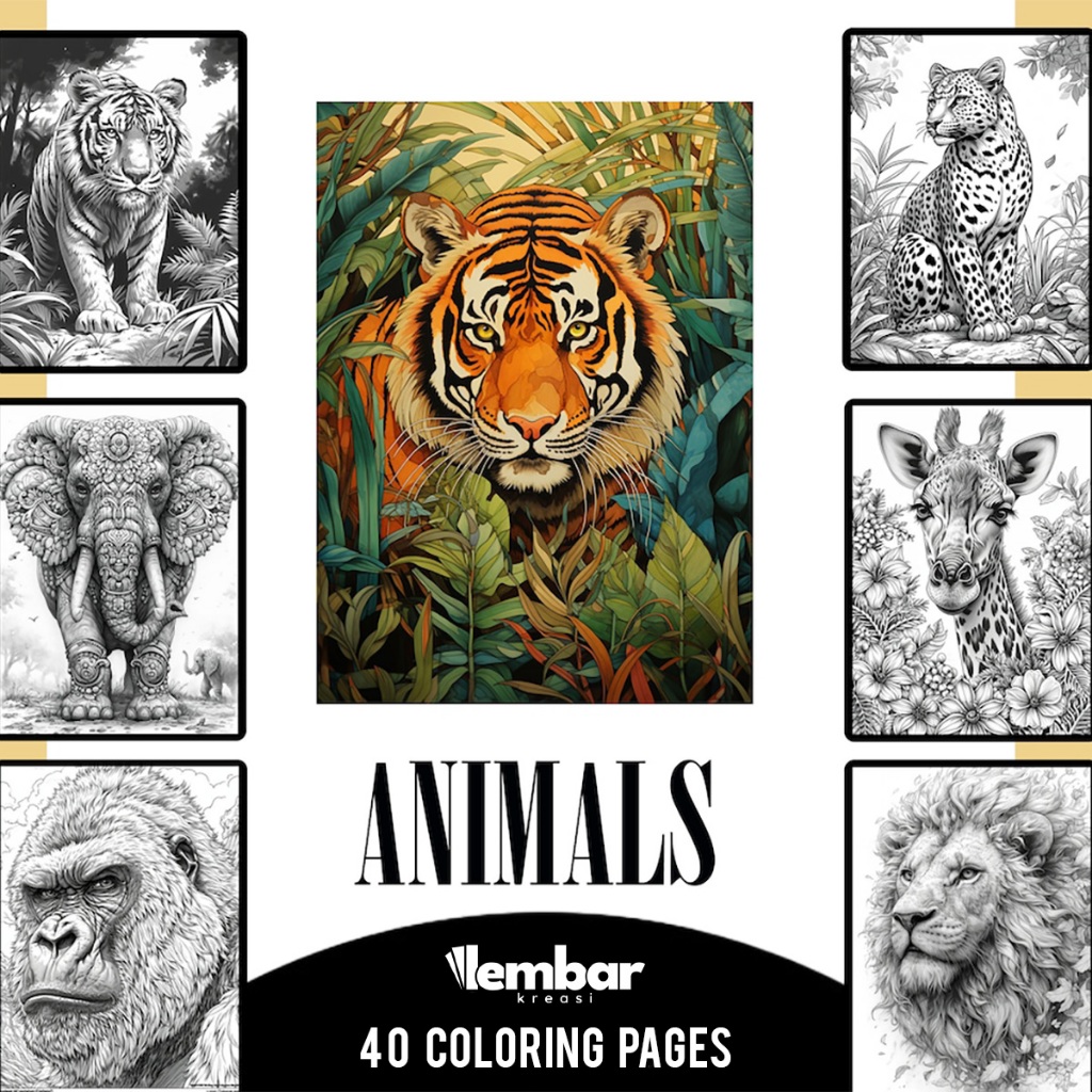 

40 Pages Buku Mewarnai Dewasa - Printable Adult Coloring Book - Digital Download - Premium Animals