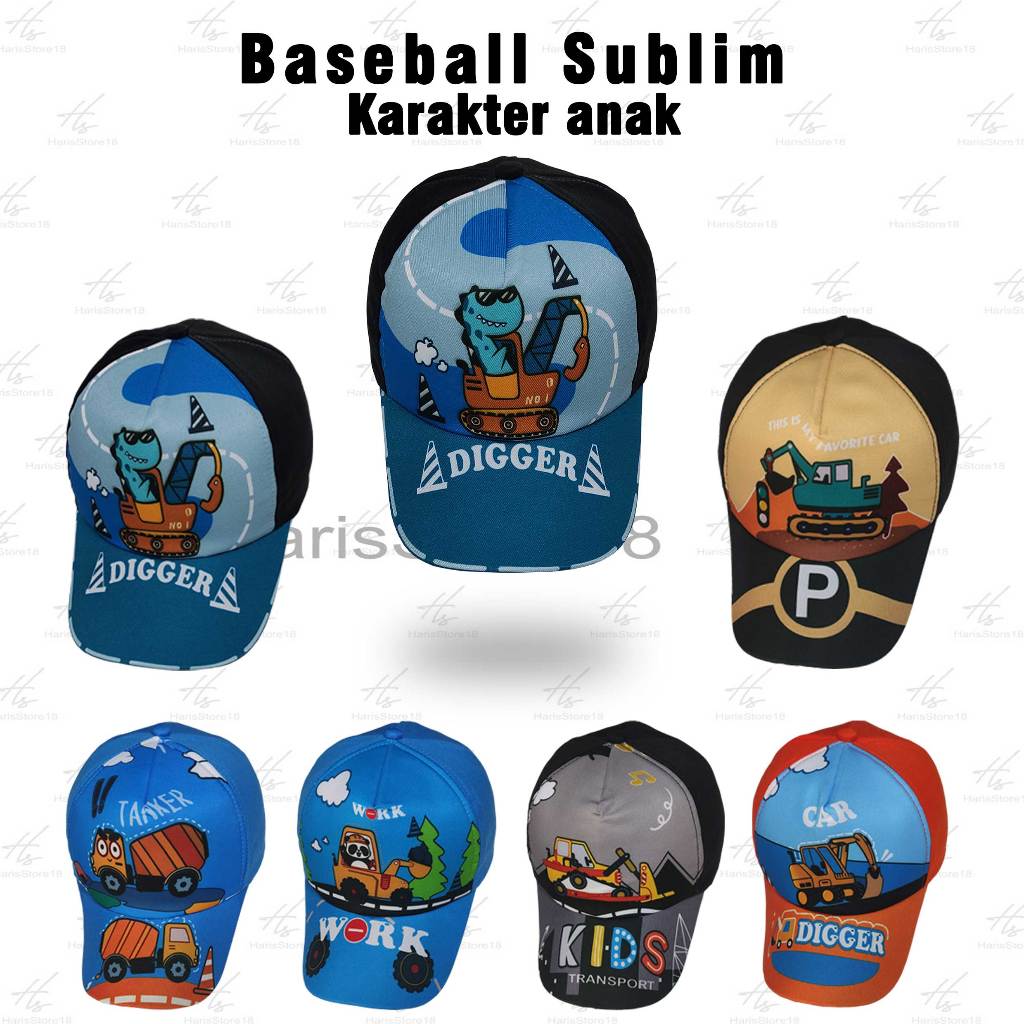 Topi Baseball Sublim anak laki laki model excavator car mobil truk / Topi Baseball anak