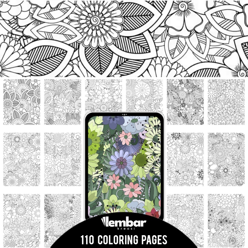 

110 Pages Buku Mewarnai Dewasa - Printable Adult Coloring Book - Digital Download - Coloring Flowers