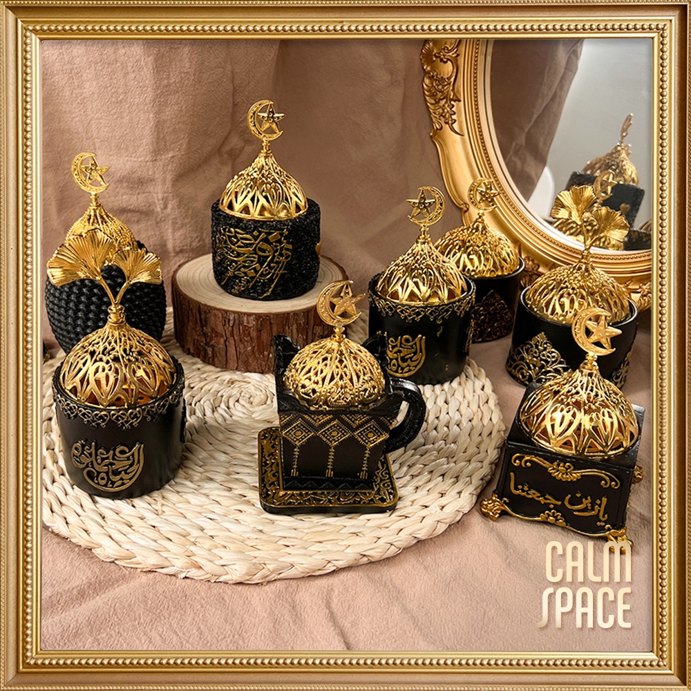 Hitam Tempat Bakar Dupa Mabkharah Bulat Arab Bahan Resin Hiolo Kuningan Besi Hio Emas