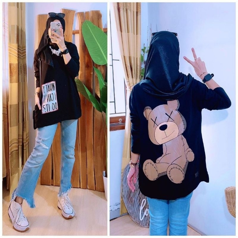 choco bear top warna hitam atasan sweater blouse wanita bahan kaos import premium ukuran big size ju