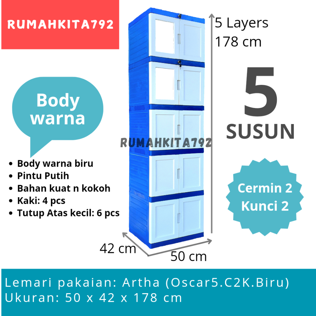 Lemari Pakaian Susun Artha Oscar 2 Kaca + 2 Kunci / Lemari Plastik Artha Oscar Premium - Body Warna 