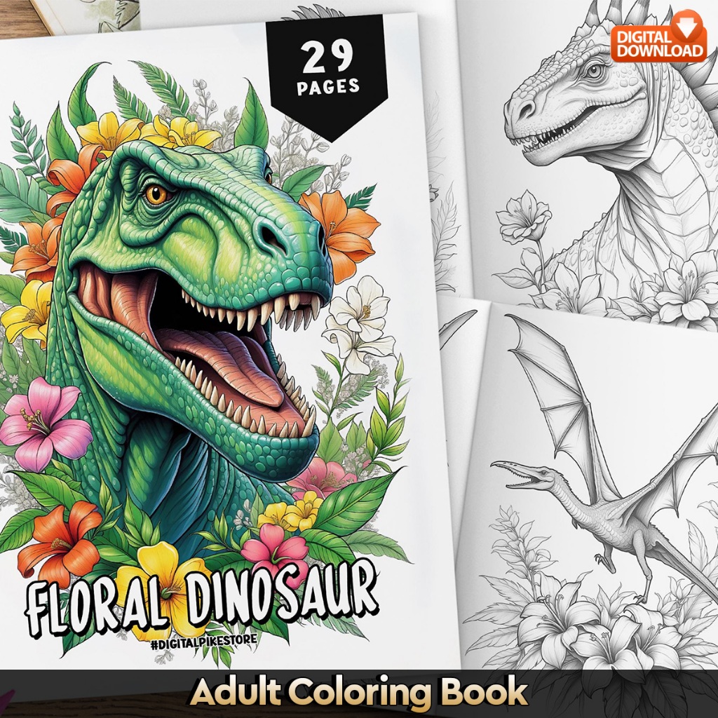 

29 Pages Buku Mewarnai Dewasa - Digital Download - Printable Adult Coloring Book - Floral Dinosaur
