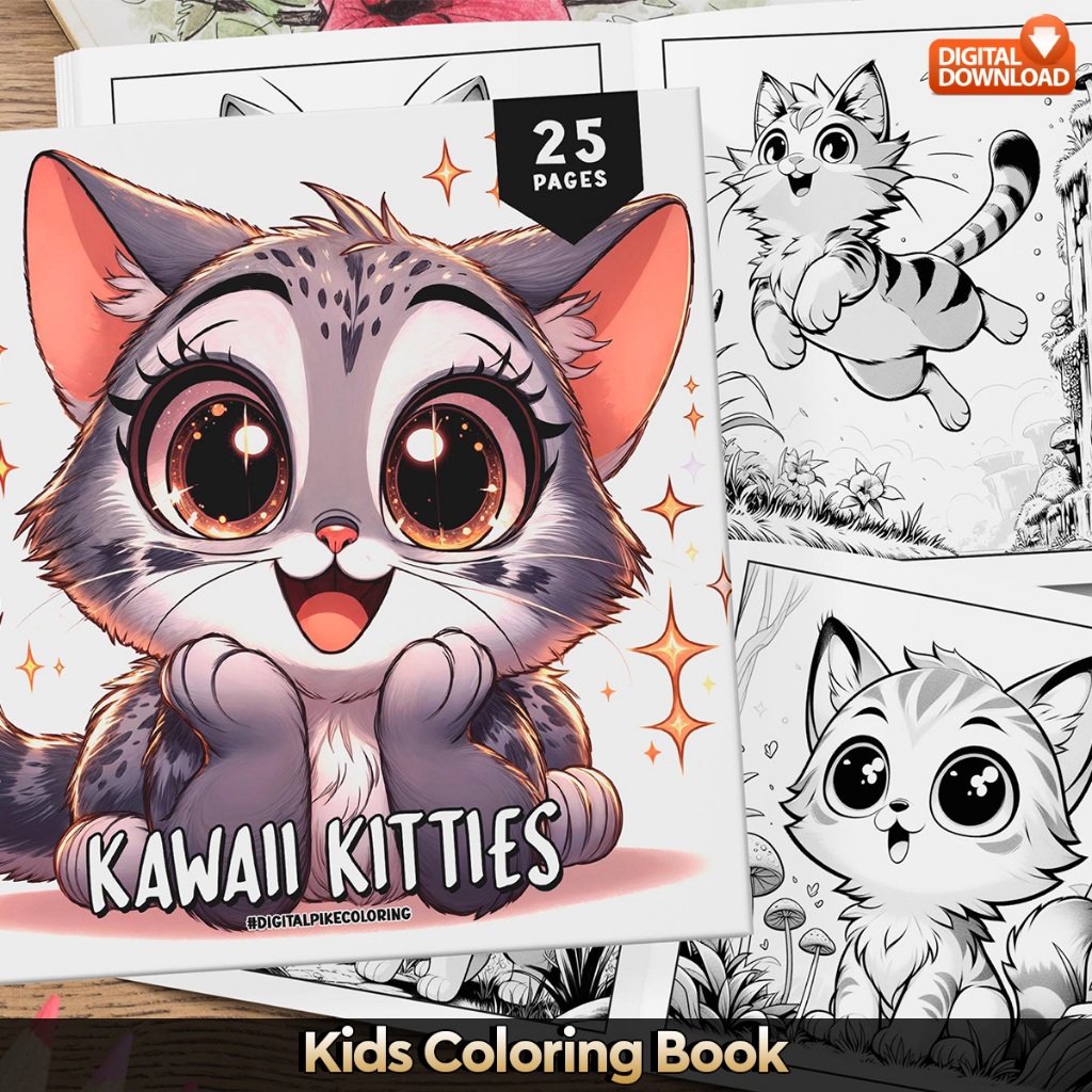 

25 Pages Buku Mewarnai Anak - Digital Download - Printable Kids Coloring Book - Kawaii Kitties