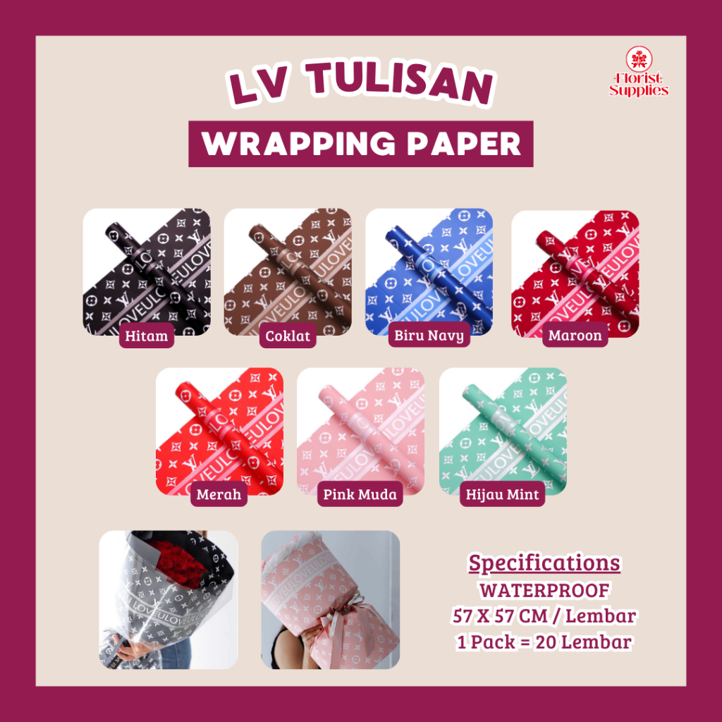 

Kertas Buket Bunga Motif Merek LV Tulisan Cellophane Flower Wrapping Paper Pembungkus Buket Bunga