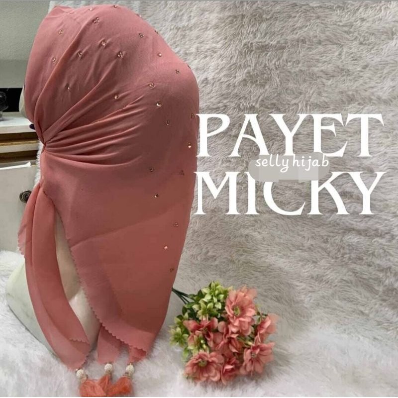 HIJAB SEGI EMPAT POLYCATOON BELLA LASER MICKI PAYET ROSE GOLD TASEL TIGA SISI/KERUDUNG  SEGI EMPAT P