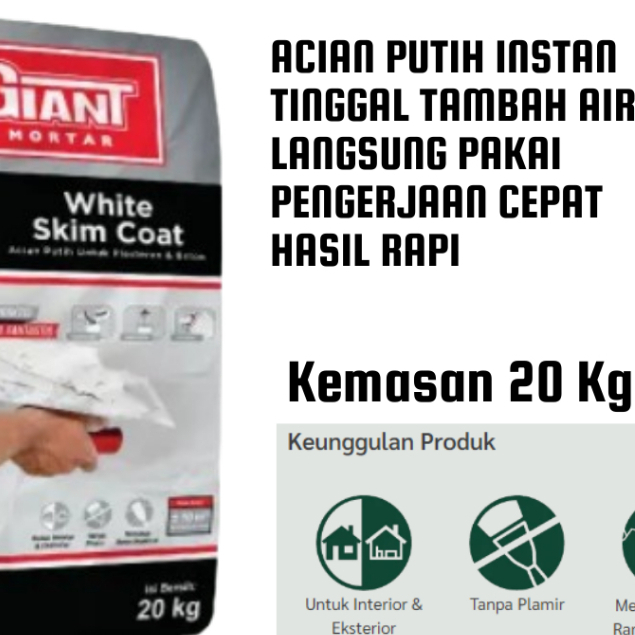 Avian Giant Mortar GM 270 Semen Acian Putih White Skim Coat 20 Kg Ready Bandung
