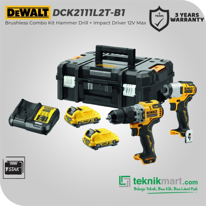 Dewalt Brushless Combo Kita Hammer Drill (DCD706) + Impact Driver (DCF801) 10.8/12V Max DCK2111L2T-B
