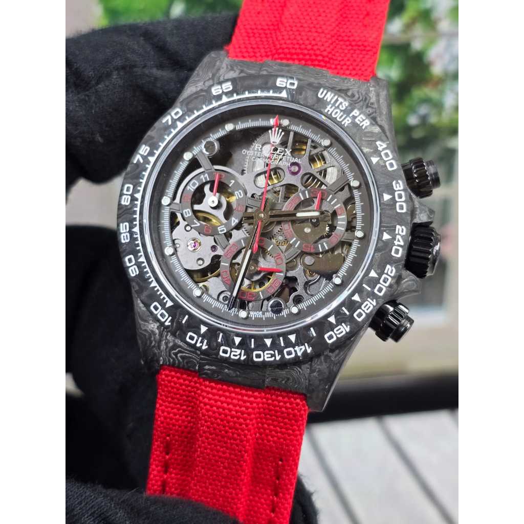 Jam Tangan Rolex Daytona Carbon Swiss Automatic Movement 38mm Clone Quality Red Black Dial