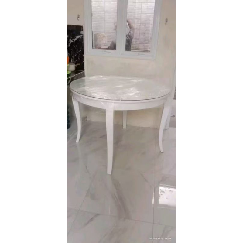 4 kursi makan minimalis custom meja bulat 120cm + kaca