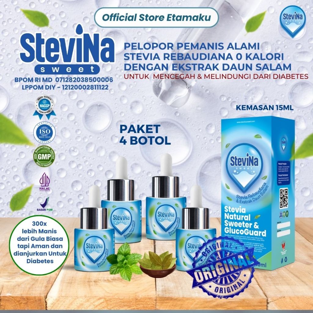 

Stevina Sweet Pemanis Alami 0 Kalori plus Herbal Daun salam Pengganti Gula Untuk Kesehatan Jantung 4 Botol 15 ml