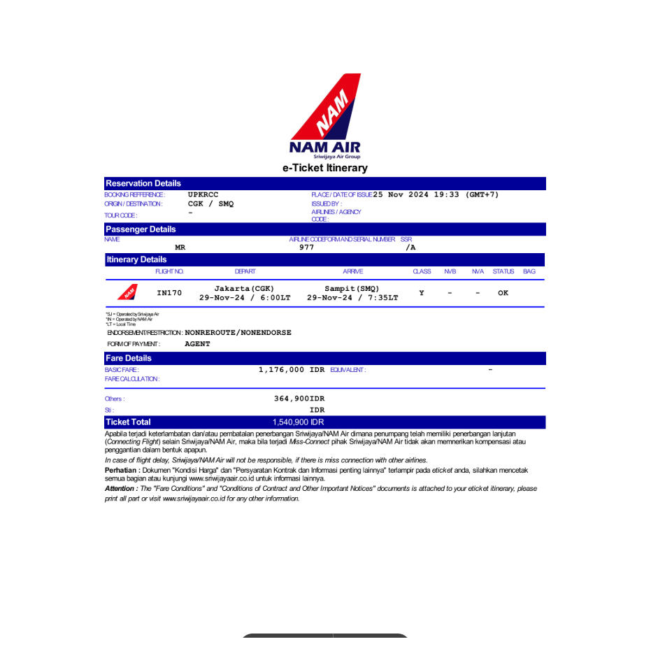 DUMMY TICKET SRIWIJAYA