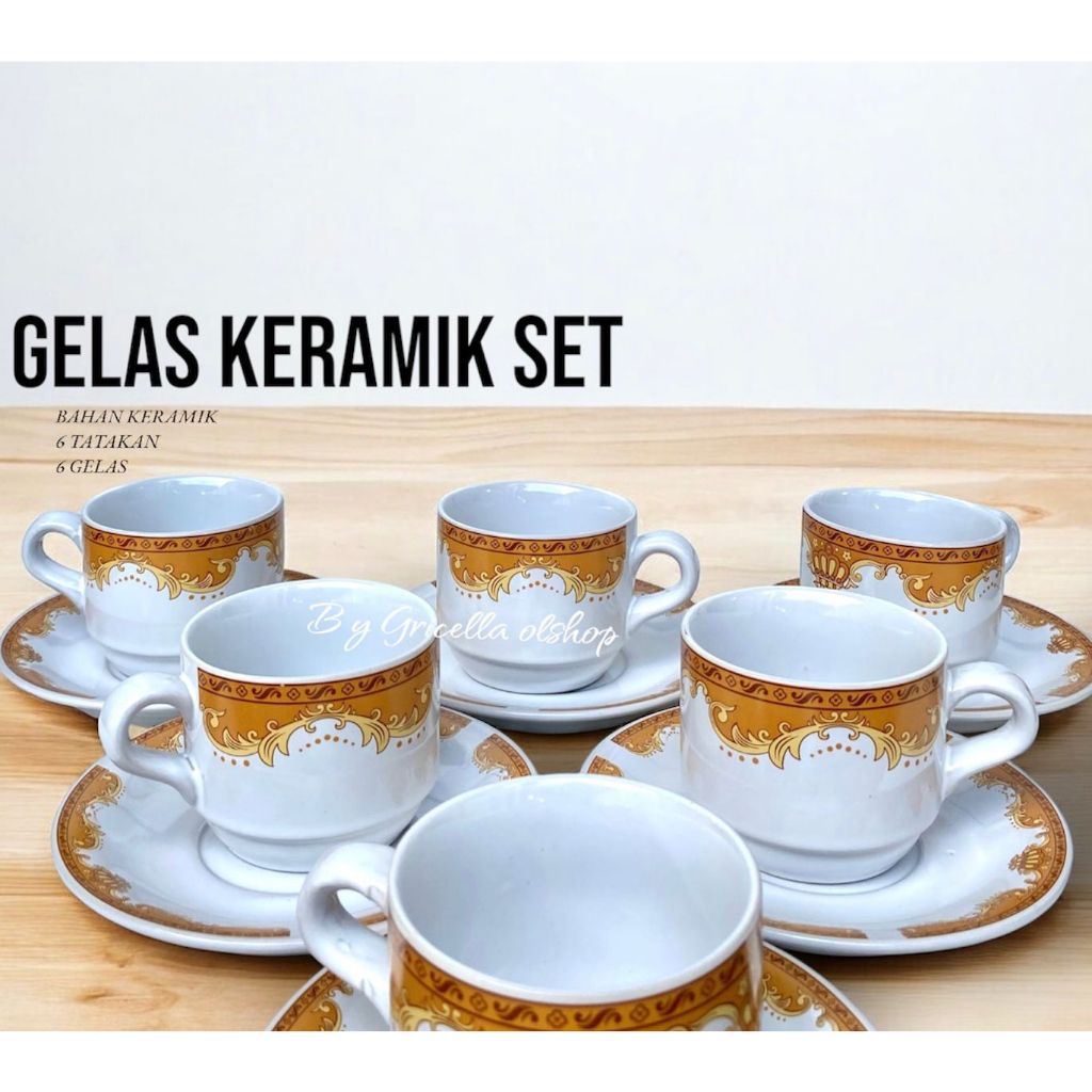 PROMO 1 SET GELAS KERAMIK LUCKY MOTIF MAHKOTA ISI 12 PCS (6 GELAS+6 TATAKAN) TERLARIS