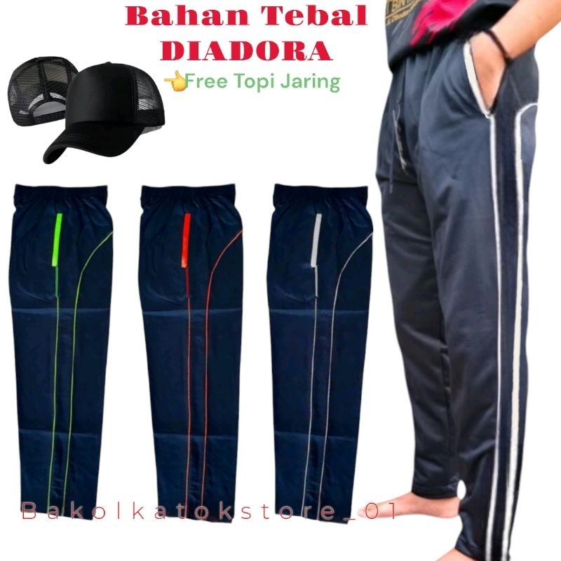 Paket 3 Pcs - Celana Training Sport Hitam Terbaru Bahan Tebal Diadora Bonus Topi Jaring Hitam Pria D