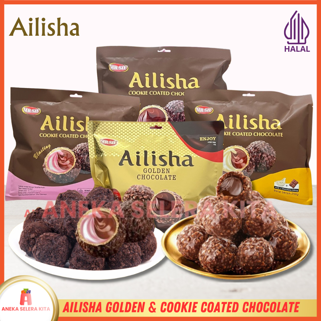 

Ailisha Golden Chocolate & Ailisha Cookie Coated Chocolate / Coklat Cookies Ball Aneka Rasa